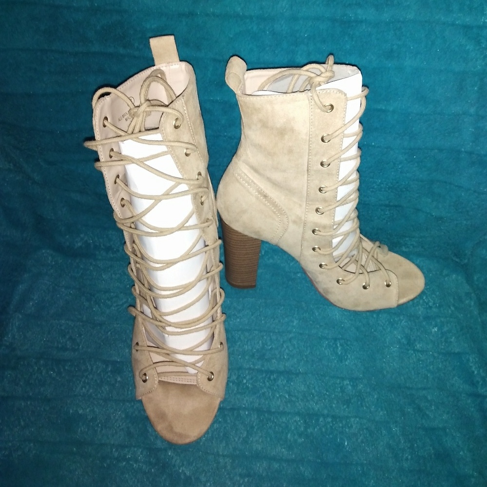 Beige block heels